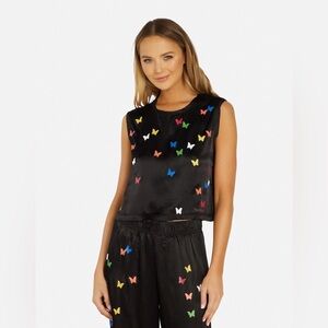 Lauren Moshi Linette Black Mini Butterflies Colorful Cropped Tank Top